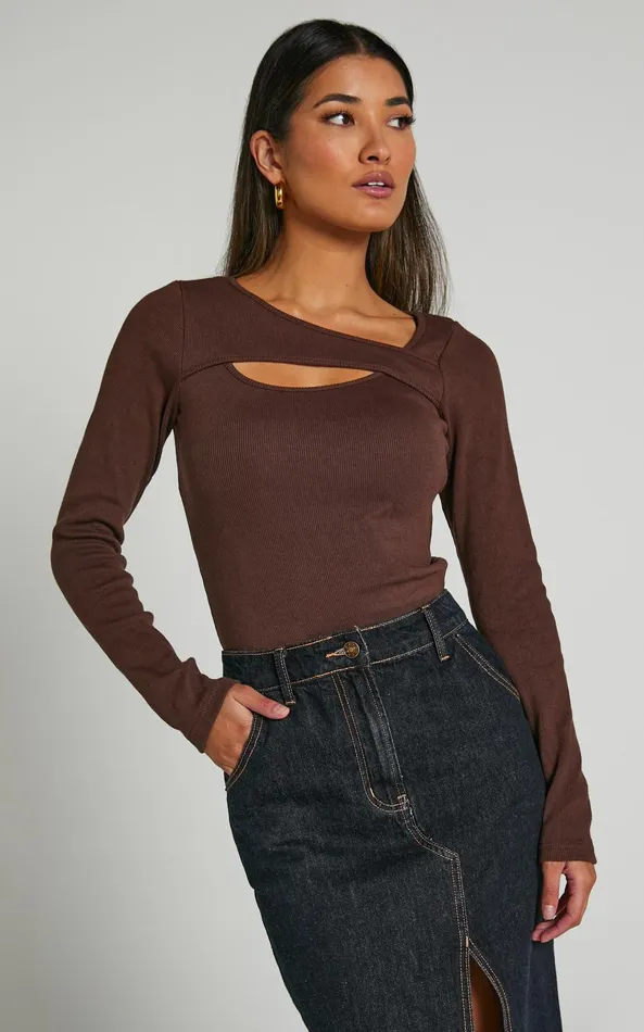Showpo Remi Top 8211 Long Sleeve Asymmetric Cut Out Top In Brown Women Tops