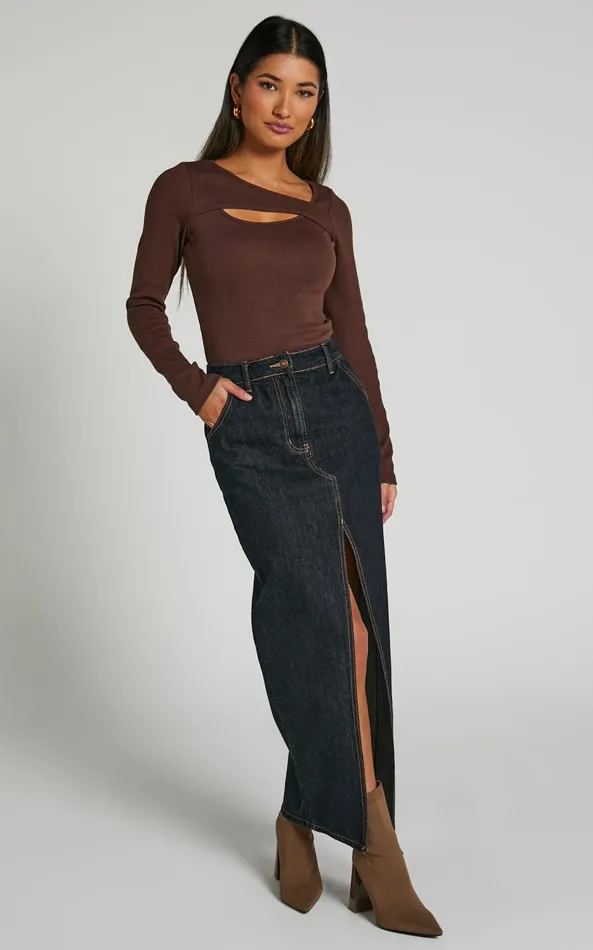 Showpo Remi Top 8211 Long Sleeve Asymmetric Cut Out Top In Brown Women Tops