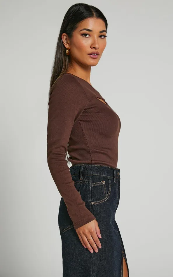 Showpo Remi Top 8211 Long Sleeve Asymmetric Cut Out Top In Brown Women Tops