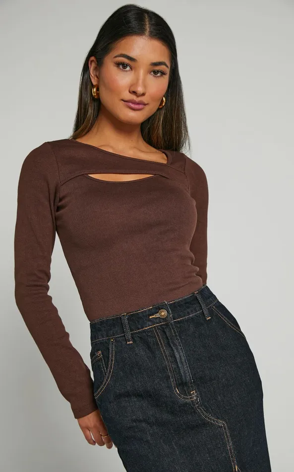Showpo Remi Top 8211 Long Sleeve Asymmetric Cut Out Top In Brown Women Tops