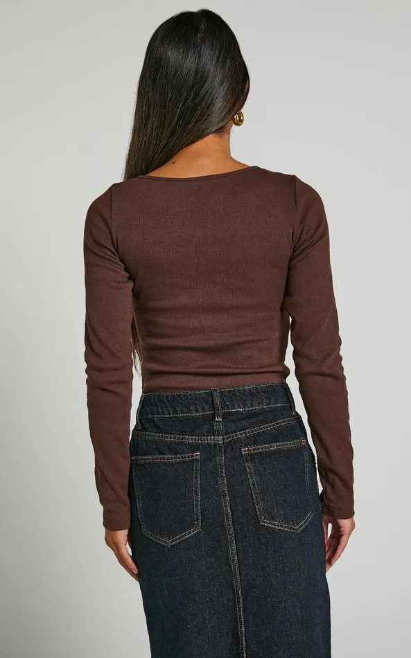 Showpo Remi Top 8211 Long Sleeve Asymmetric Cut Out Top In Brown Women Tops