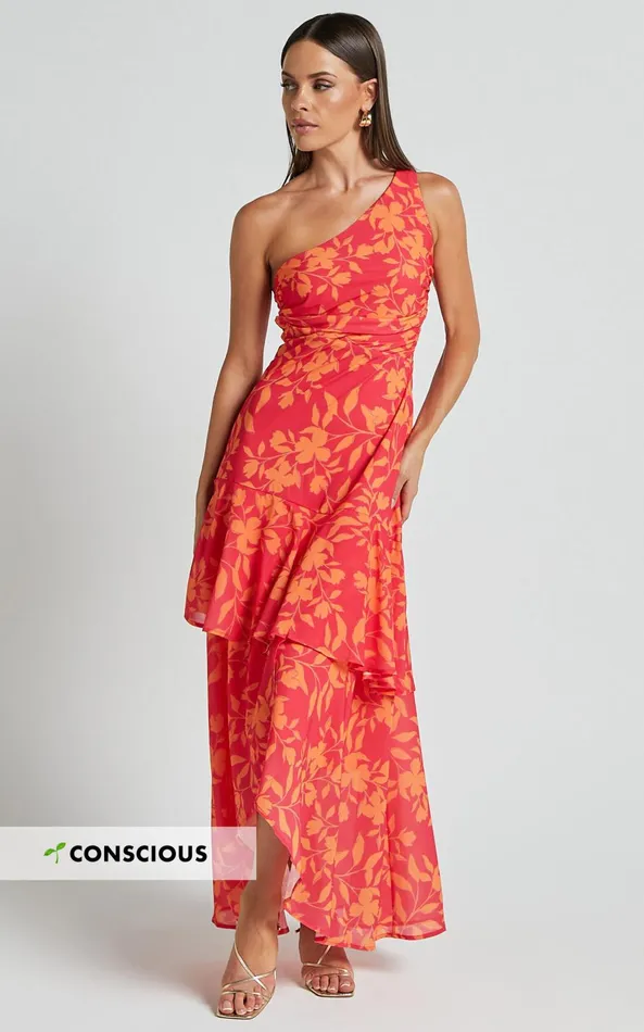 Showpo Reyes Midi Dress 8211 Asymmetric One Shoulder With Ruffle Hem Dress In Shadow Fuchsia Print Women Dresses Showpo Reyes Midi Dress 8211 Asymmetric One Shoulder With Ruffle Hem Dress In Shadow Fuchsia Print Women Dresses