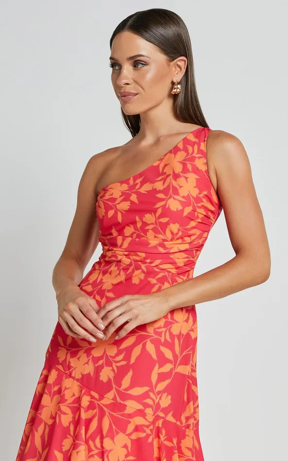 Showpo Reyes Midi Dress 8211 Asymmetric One Shoulder With Ruffle Hem Dress In Shadow Fuchsia Print Women Dresses
