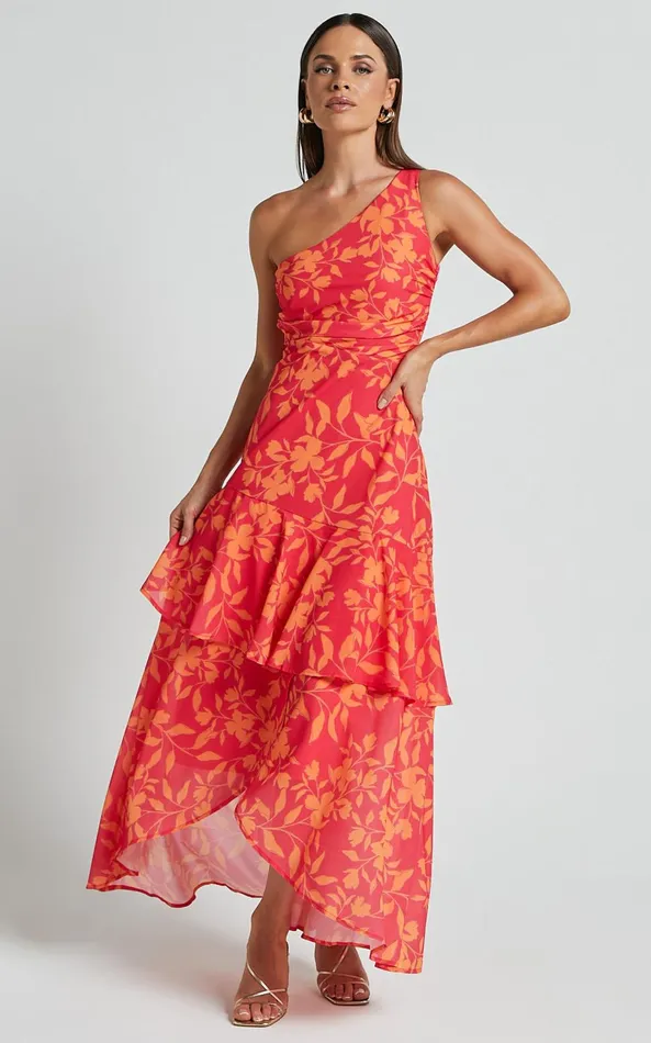 Showpo Reyes Midi Dress 8211 Asymmetric One Shoulder With Ruffle Hem Dress In Shadow Fuchsia Print Women Dresses