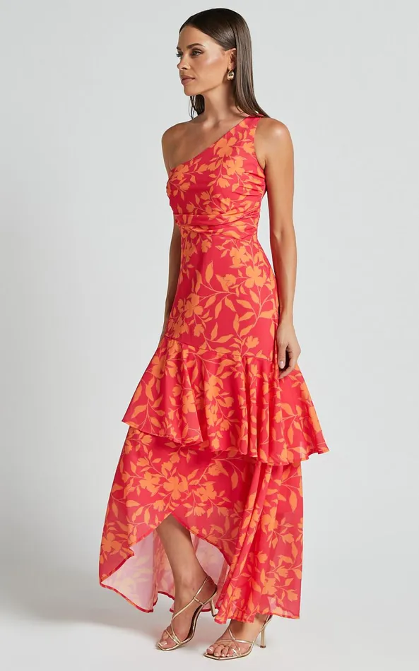 Showpo Reyes Midi Dress 8211 Asymmetric One Shoulder With Ruffle Hem Dress In Shadow Fuchsia Print Women Dresses