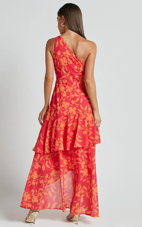 Showpo Reyes Midi Dress 8211 Asymmetric One Shoulder With Ruffle Hem Dress In Shadow Fuchsia Print Women Dresses