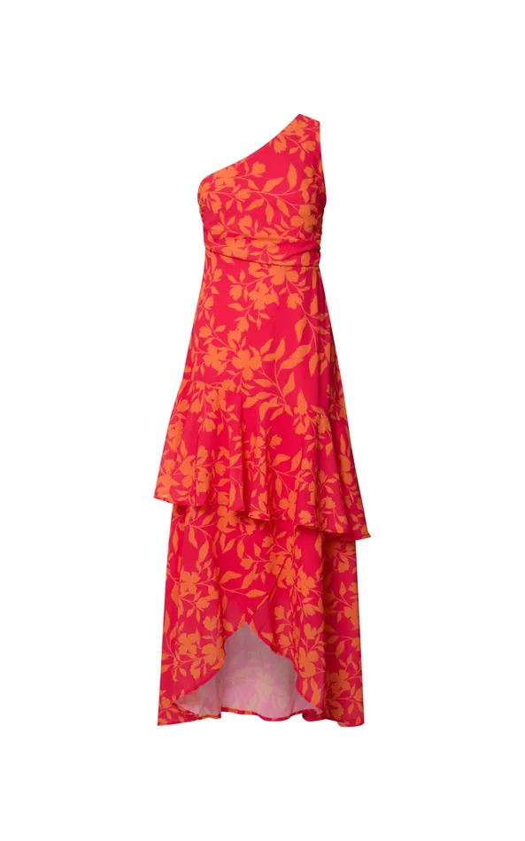 Showpo Reyes Midi Dress 8211 Asymmetric One Shoulder With Ruffle Hem Dress In Shadow Fuchsia Print Women Dresses