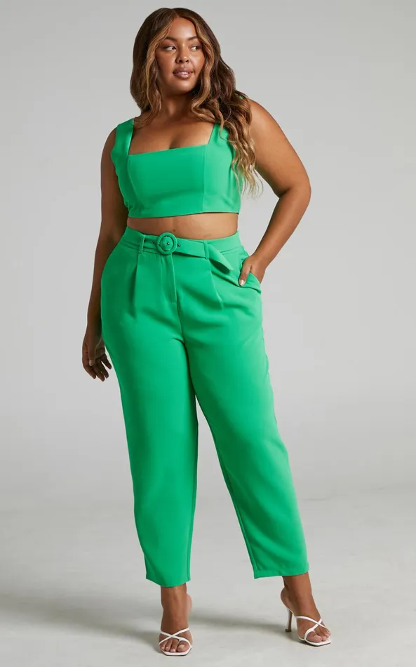 Showpo Reyna Two Piece Set 8211 Crop Top And Tailored Pants Set In Green Women Curve Clothes
