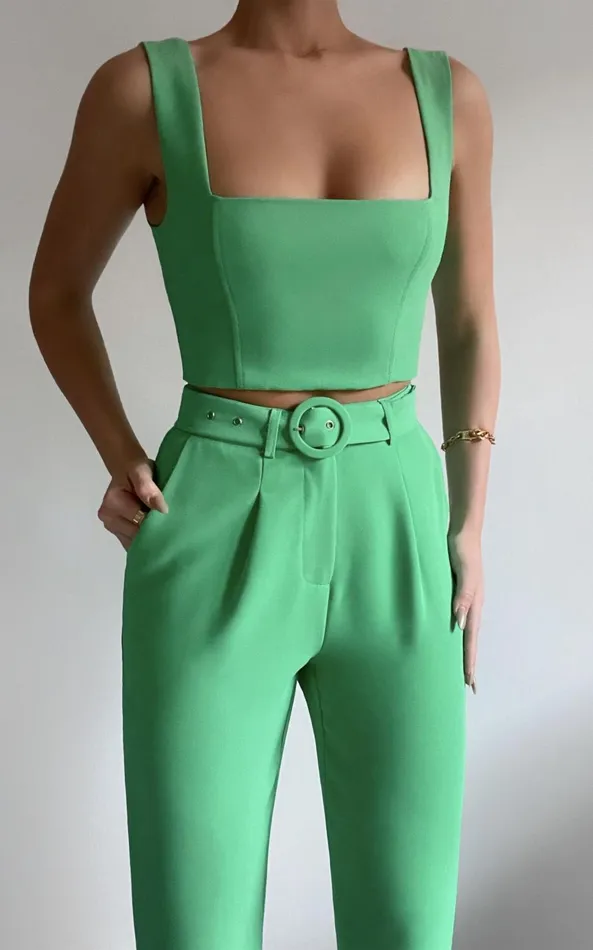 Showpo Reyna Two Piece Set 8211 Crop Top And Tailored Pants Set In Green Women Curve Clothes