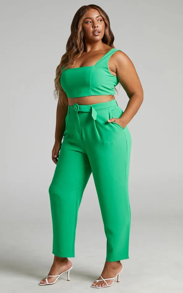 Showpo Reyna Two Piece Set 8211 Crop Top And Tailored Pants Set In Green Women Curve Clothes