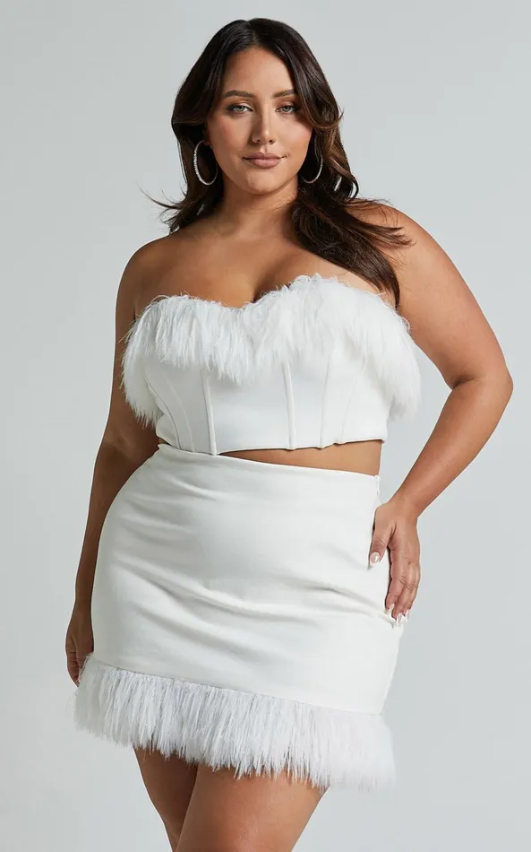 Showpo Rhaiza Top 8211 Faux Feather Trim Strapless Sweetheart Crop Top In White Women Curve Clothes