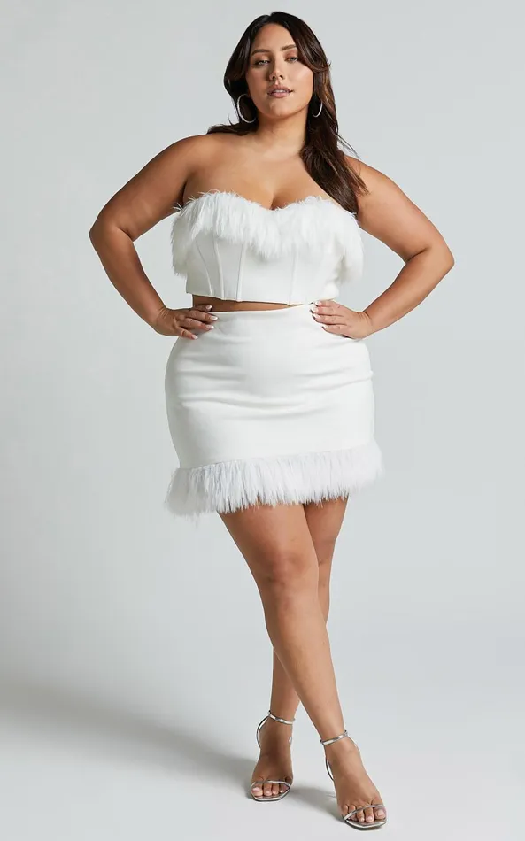 Showpo Rhaiza Top 8211 Faux Feather Trim Strapless Sweetheart Crop Top In White Women Curve Clothes