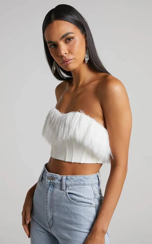 Showpo Rhaiza Top 8211 Faux Feather Trim Strapless Sweetheart Crop Top In White Women Curve Clothes