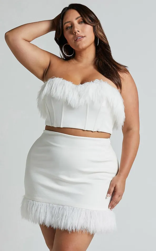 Showpo Rhaiza Top 8211 Faux Feather Trim Strapless Sweetheart Crop Top In White Women Curve Clothes