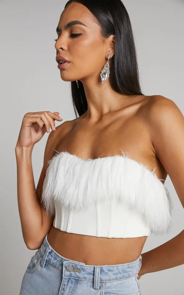 Showpo Rhaiza Top 8211 Faux Feather Trim Strapless Sweetheart Crop Top In White Women Curve Clothes