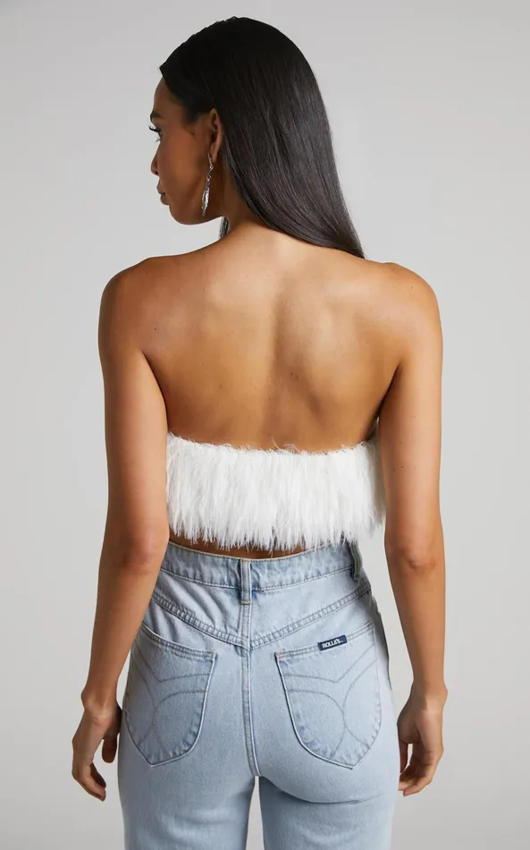 Showpo Rhaiza Top 8211 Faux Feather Trim Strapless Sweetheart Crop Top In White Women Curve Clothes