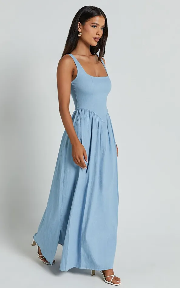 Showpo Rhaziya Midi Dress 8211 Sleeveless Straight Neck Fit And Flare Dress In Blue Women Dresses