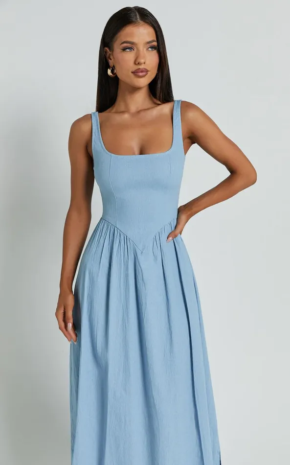 Showpo Rhaziya Midi Dress 8211 Sleeveless Straight Neck Fit And Flare Dress In Blue Women Dresses