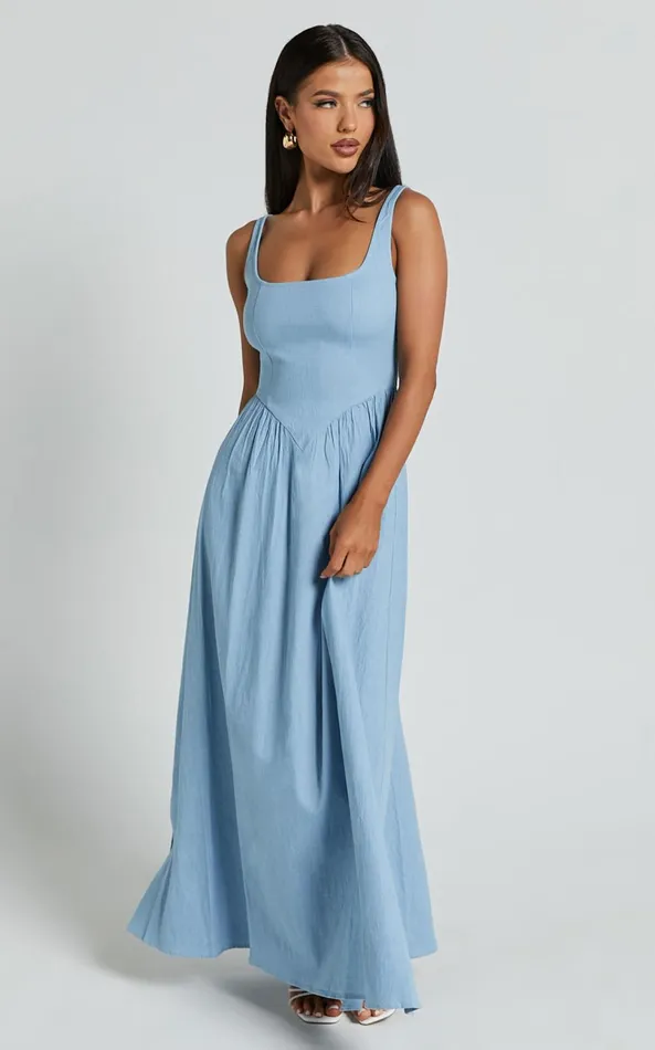 Showpo Rhaziya Midi Dress 8211 Sleeveless Straight Neck Fit And Flare Dress In Blue Women Dresses