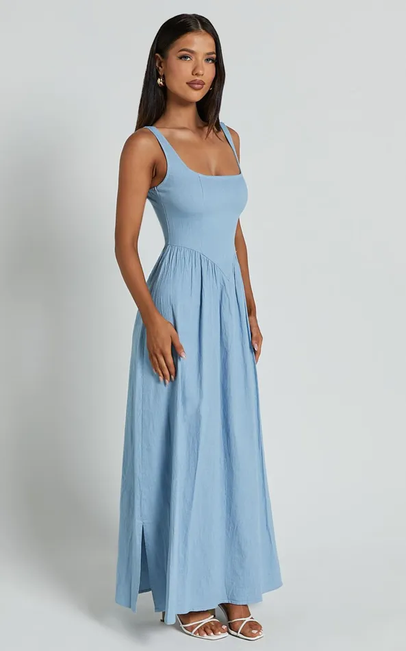 Showpo Rhaziya Midi Dress 8211 Sleeveless Straight Neck Fit And Flare Dress In Blue Women Dresses