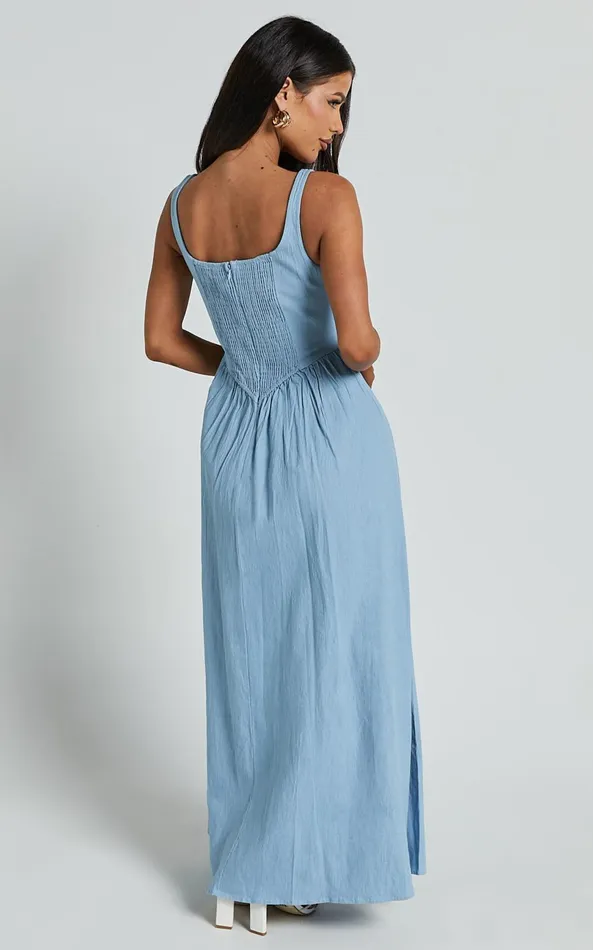Showpo Rhaziya Midi Dress 8211 Sleeveless Straight Neck Fit And Flare Dress In Blue Women Dresses