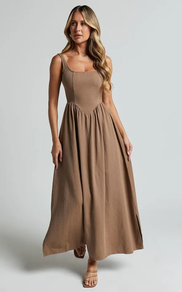 Showpo Rhaziya Midi Dress 8211 Sleeveless Straight Neck Fit And Flare Dress In Tobacco Women Dresses