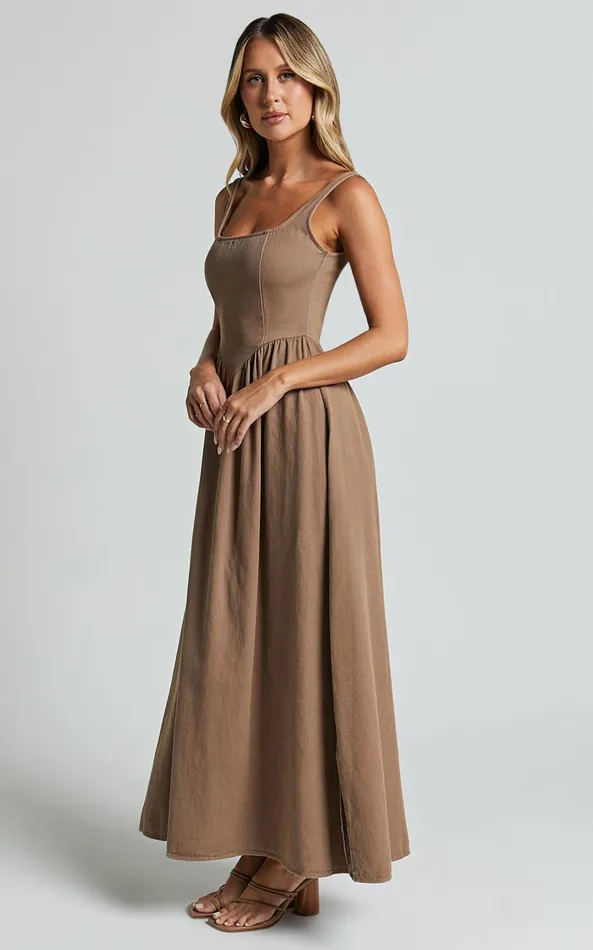 Showpo Rhaziya Midi Dress 8211 Sleeveless Straight Neck Fit And Flare Dress In Tobacco Women Dresses