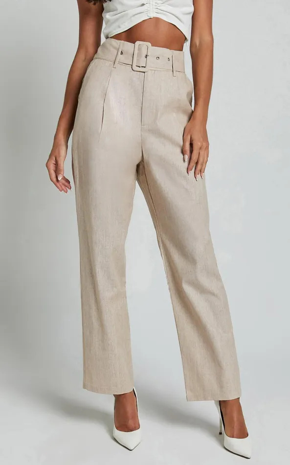 Showpo Rhea Pants 8211 Linen Look Belted Straight Leg Pants In Natural Women Pants