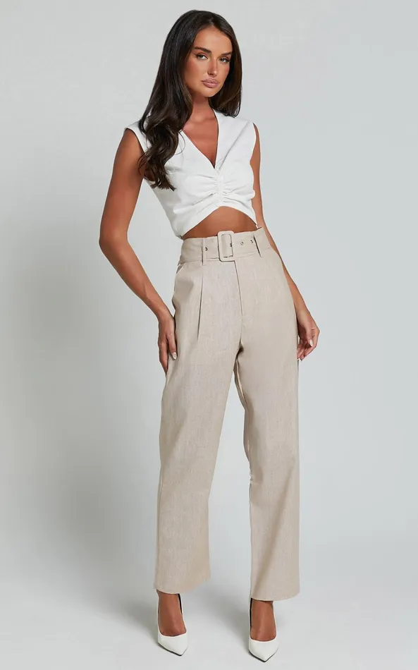 Showpo Rhea Pants 8211 Linen Look Belted Straight Leg Pants In Natural Women Pants