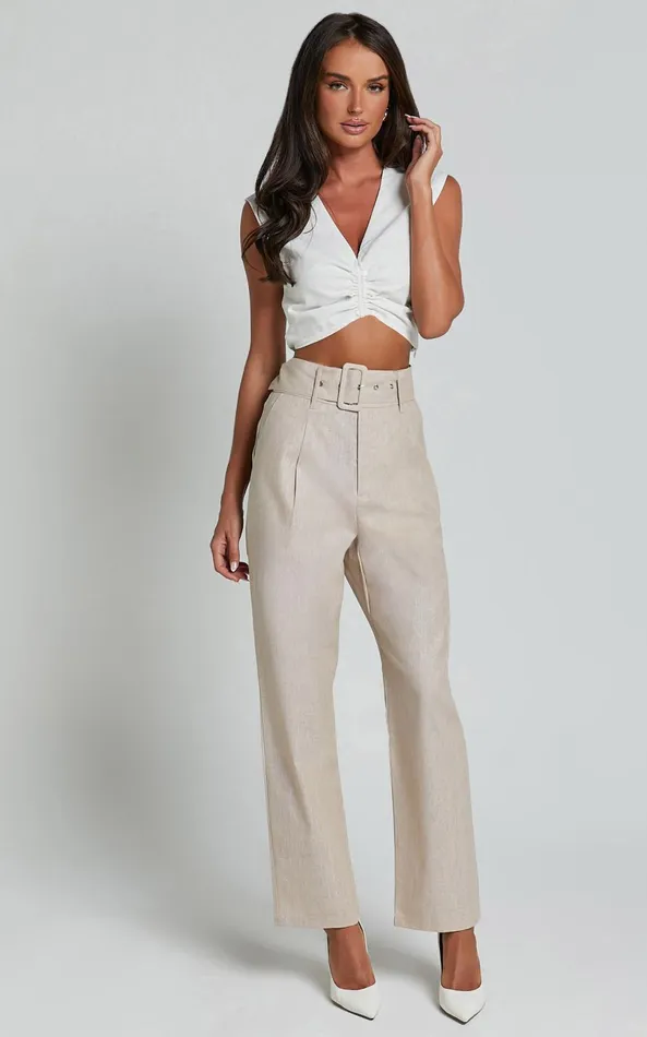Showpo Rhea Pants 8211 Linen Look Belted Straight Leg Pants In Natural Women Pants