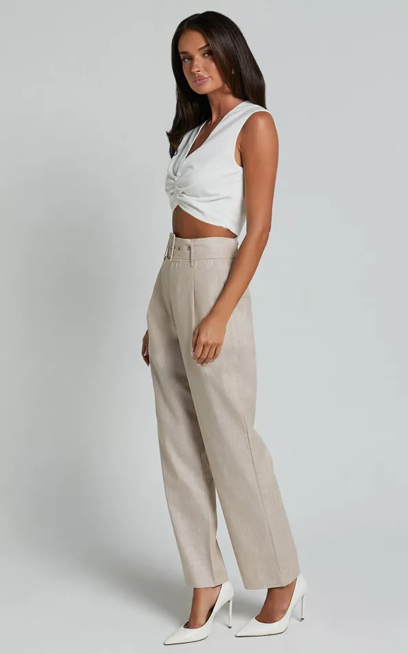 Showpo Rhea Pants 8211 Linen Look Belted Straight Leg Pants In Natural Women Pants