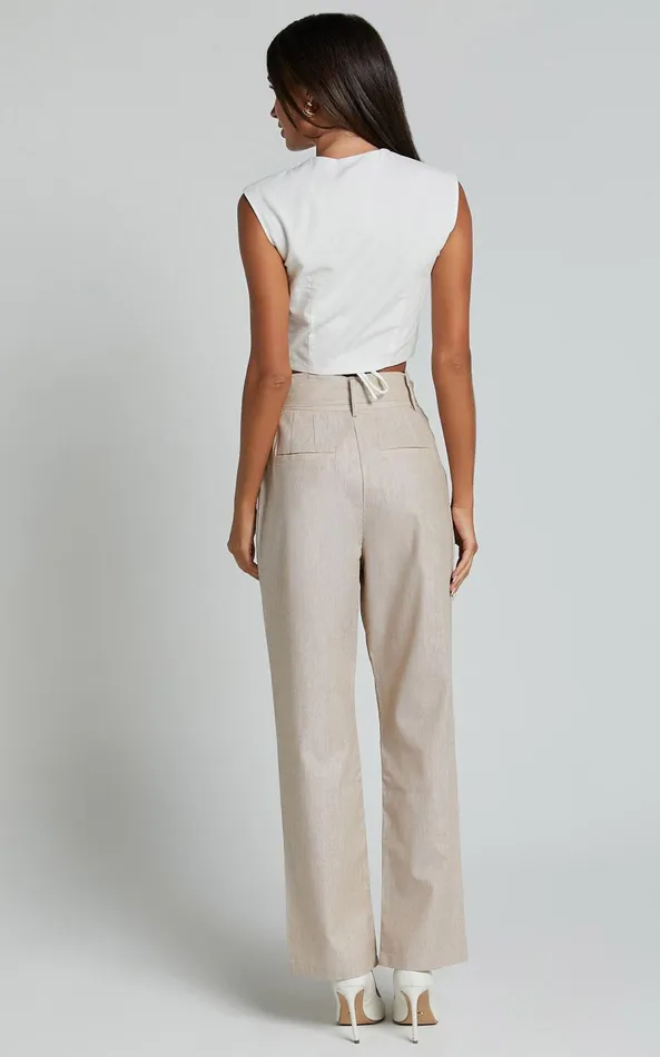 Showpo Rhea Pants 8211 Linen Look Belted Straight Leg Pants In Natural Women Pants