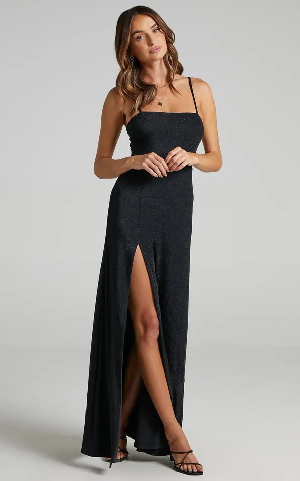 Showpo Rheannon Midi Dress 8211 Split Mesh Dress In BLACK LUREX Women Dresses