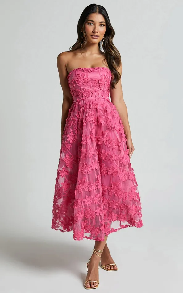 Showpo Rheiva Midi Dress 8211 Strapless 3D Embroidery Midi Dress In Pink Women Dresses Showpo Rheiva Midi Dress 8211 Strapless 3D Embroidery Midi Dress In Pink Women Dresses