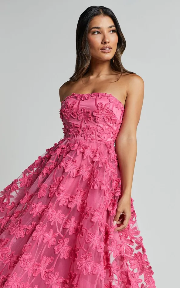 Showpo Rheiva Midi Dress 8211 Strapless 3D Embroidery Midi Dress In Pink Women Dresses