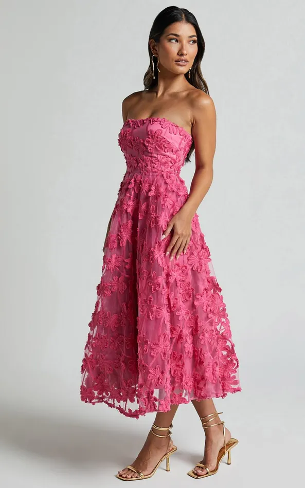 Showpo Rheiva Midi Dress 8211 Strapless 3D Embroidery Midi Dress In Pink Women Dresses