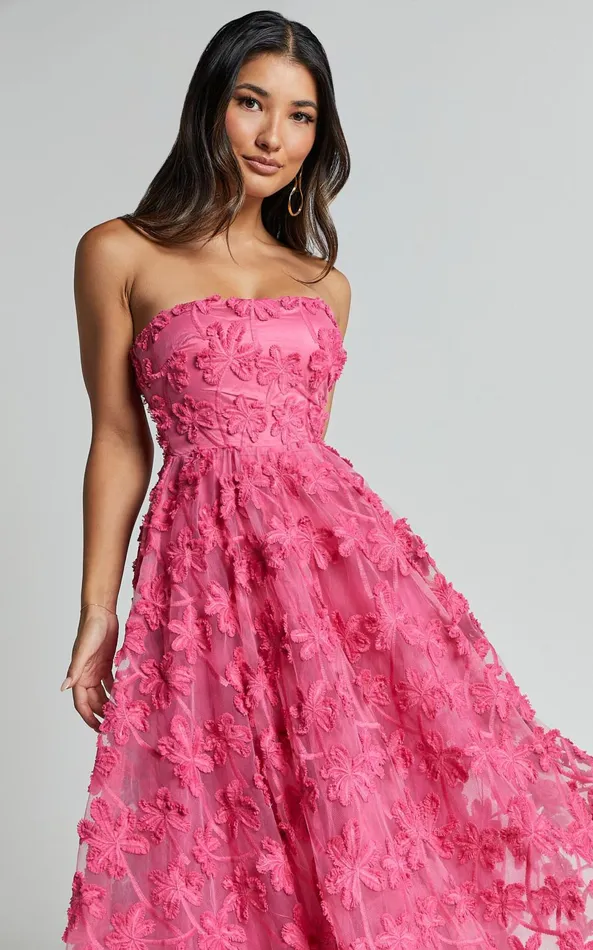 Showpo Rheiva Midi Dress 8211 Strapless 3D Embroidery Midi Dress In Pink Women Dresses