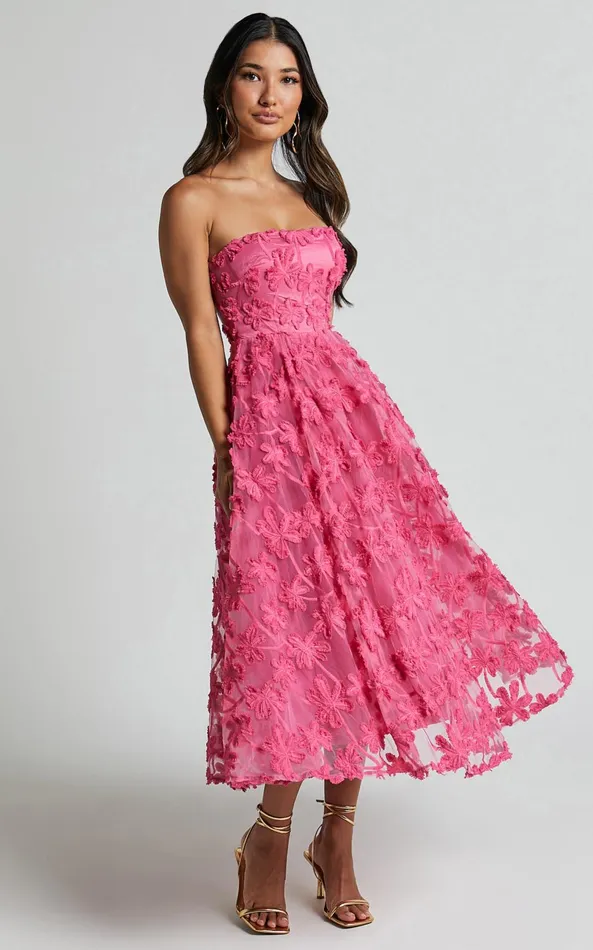 Showpo Rheiva Midi Dress 8211 Strapless 3D Embroidery Midi Dress In Pink Women Dresses
