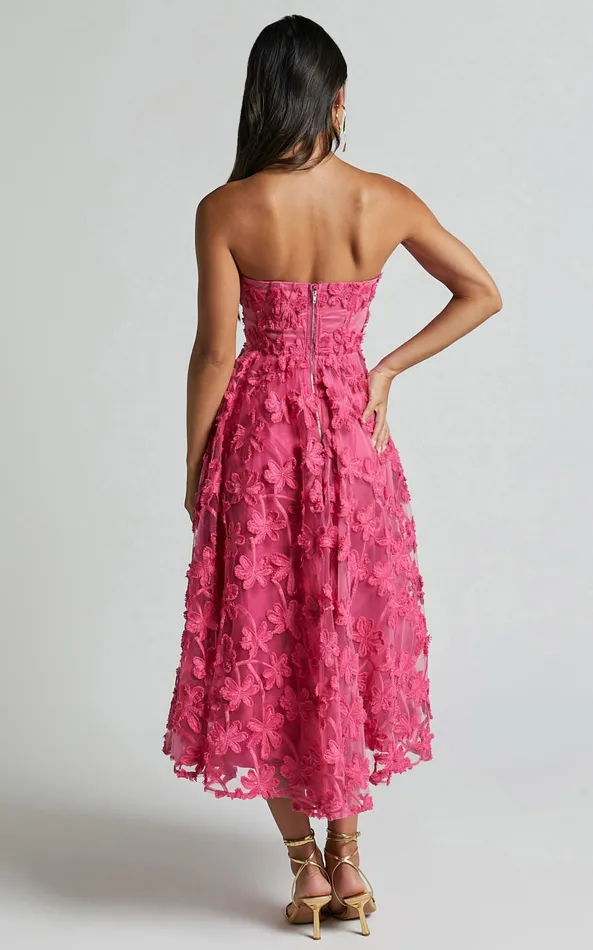 Showpo Rheiva Midi Dress 8211 Strapless 3D Embroidery Midi Dress In Pink Women Dresses