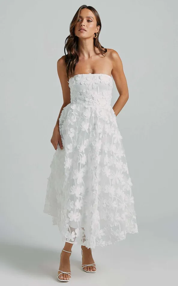 Showpo Rheiva Midi Dress 8211 Strapless 3D Embroidery Midi Dress In White Women Dresses Showpo Rheiva Midi Dress 8211 Strapless 3D Embroidery Midi Dress In White Women Dresses