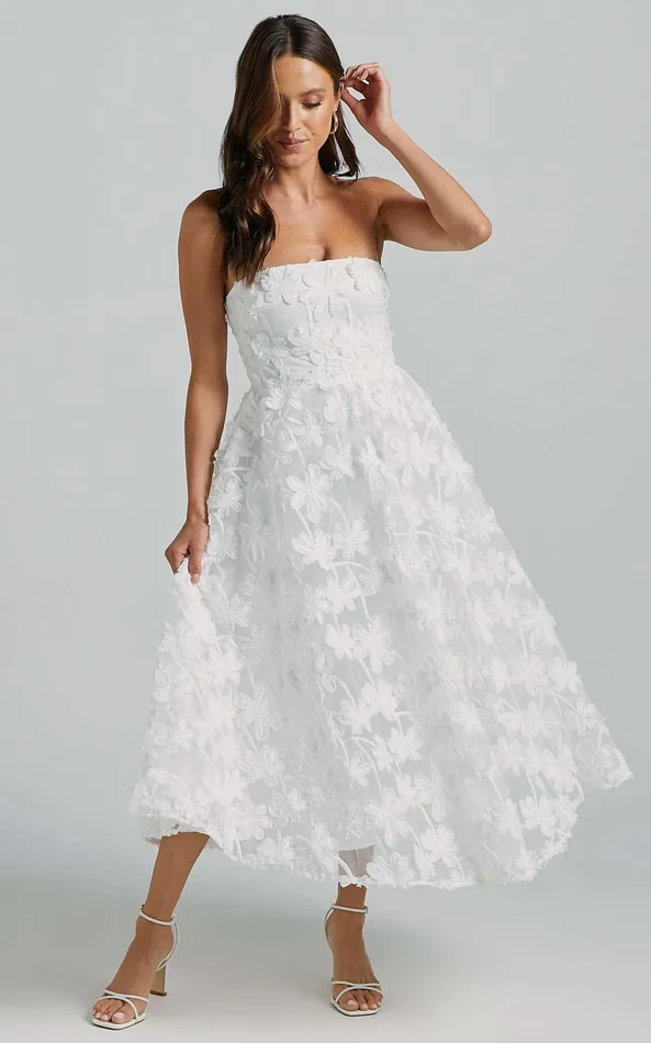 Showpo Rheiva Midi Dress 8211 Strapless 3D Embroidery Midi Dress In White Women Dresses