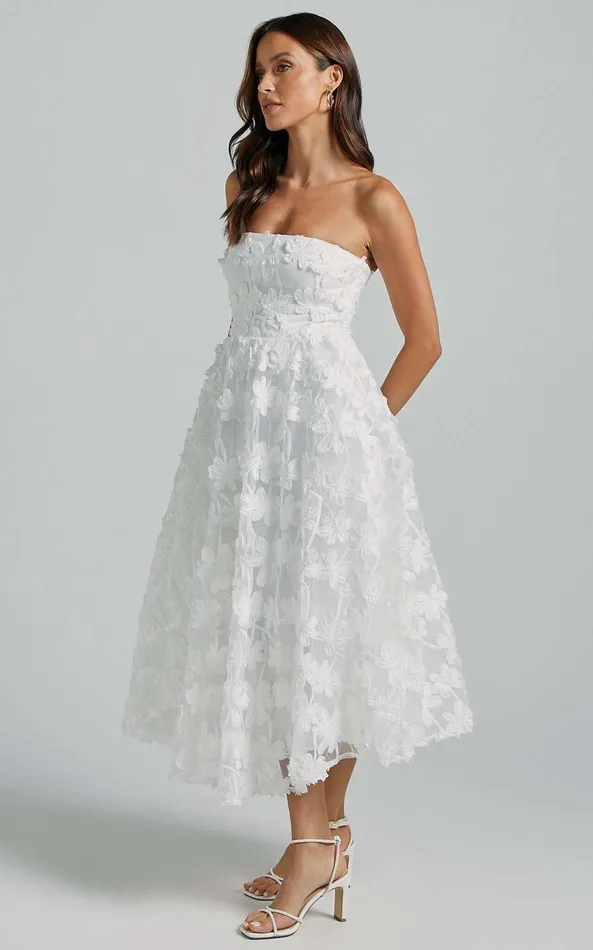 Showpo Rheiva Midi Dress 8211 Strapless 3D Embroidery Midi Dress In White Women Dresses