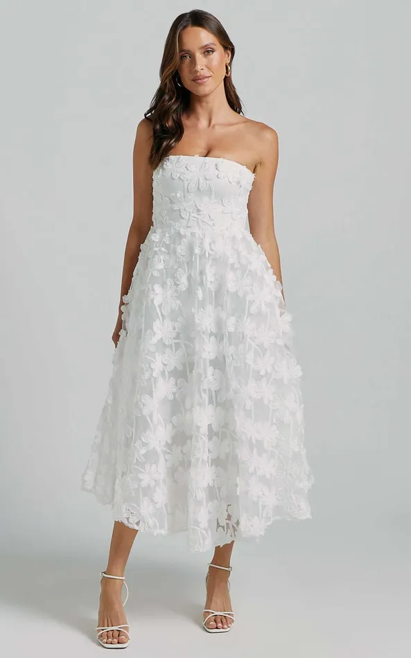 Showpo Rheiva Midi Dress 8211 Strapless 3D Embroidery Midi Dress In White Women Dresses