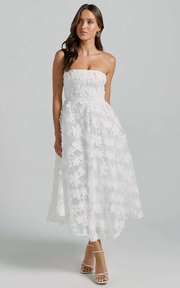 Showpo Rheiva Midi Dress 8211 Strapless 3D Embroidery Midi Dress In White Women Dresses
