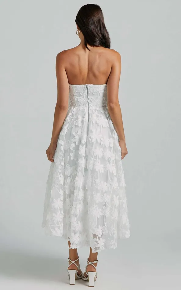 Showpo Rheiva Midi Dress 8211 Strapless 3D Embroidery Midi Dress In White Women Dresses