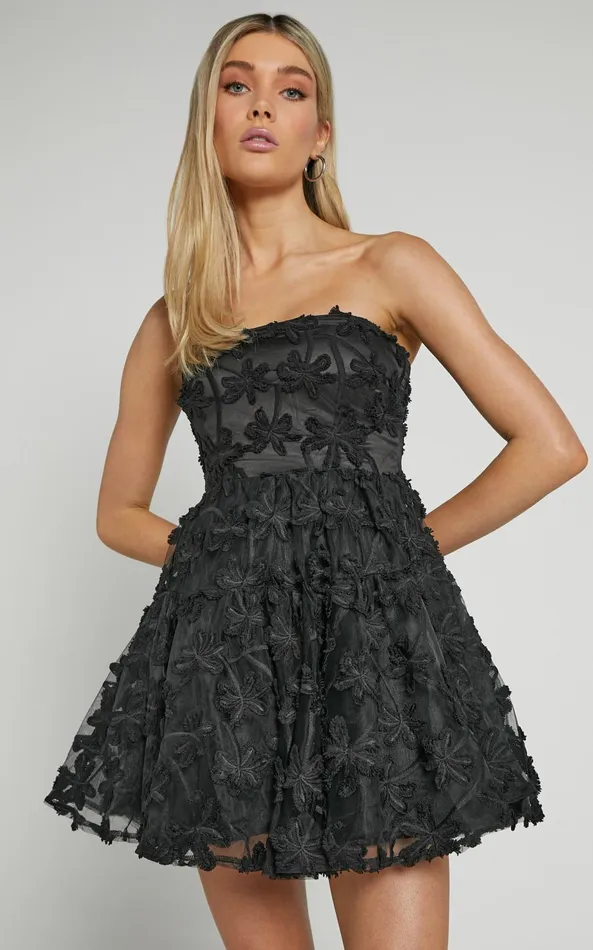Showpo Rheiva Mini Dress 8211 Strapless 3D Embroidery Dress In Black Women Dresses Showpo Rheiva Mini Dress 8211 Strapless 3D Embroidery Dress In Black Women Dresses