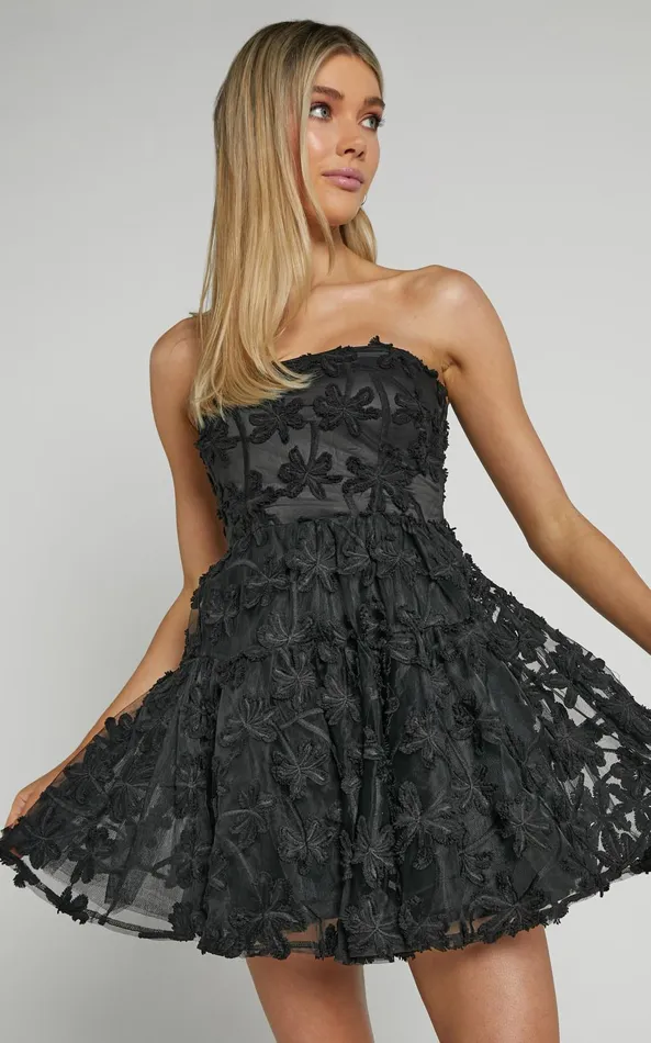 Showpo Rheiva Mini Dress 8211 Strapless 3D Embroidery Dress In Black Women Dresses