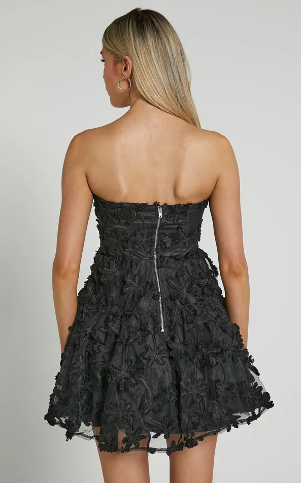 Showpo Rheiva Mini Dress 8211 Strapless 3D Embroidery Dress In Black Women Dresses