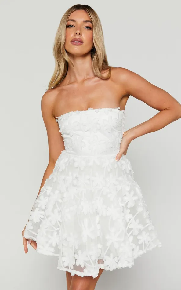 Showpo Rheiva Mini Dress 8211 Strapless 3D Embroidery Dress In White Women Dresses Showpo Rheiva Mini Dress 8211 Strapless 3D Embroidery Dress In White Women Dresses