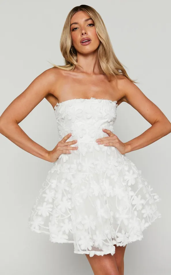Showpo Rheiva Mini Dress 8211 Strapless 3D Embroidery Dress In White Women Dresses